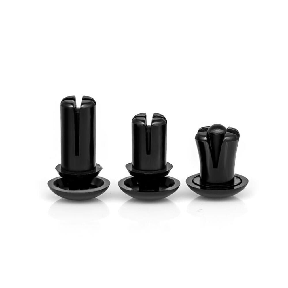 Image of 3 black plastic rivets, designed for securing panel in RAC-J800 series fightstick, Fightbox F series hitbox style leverless controller