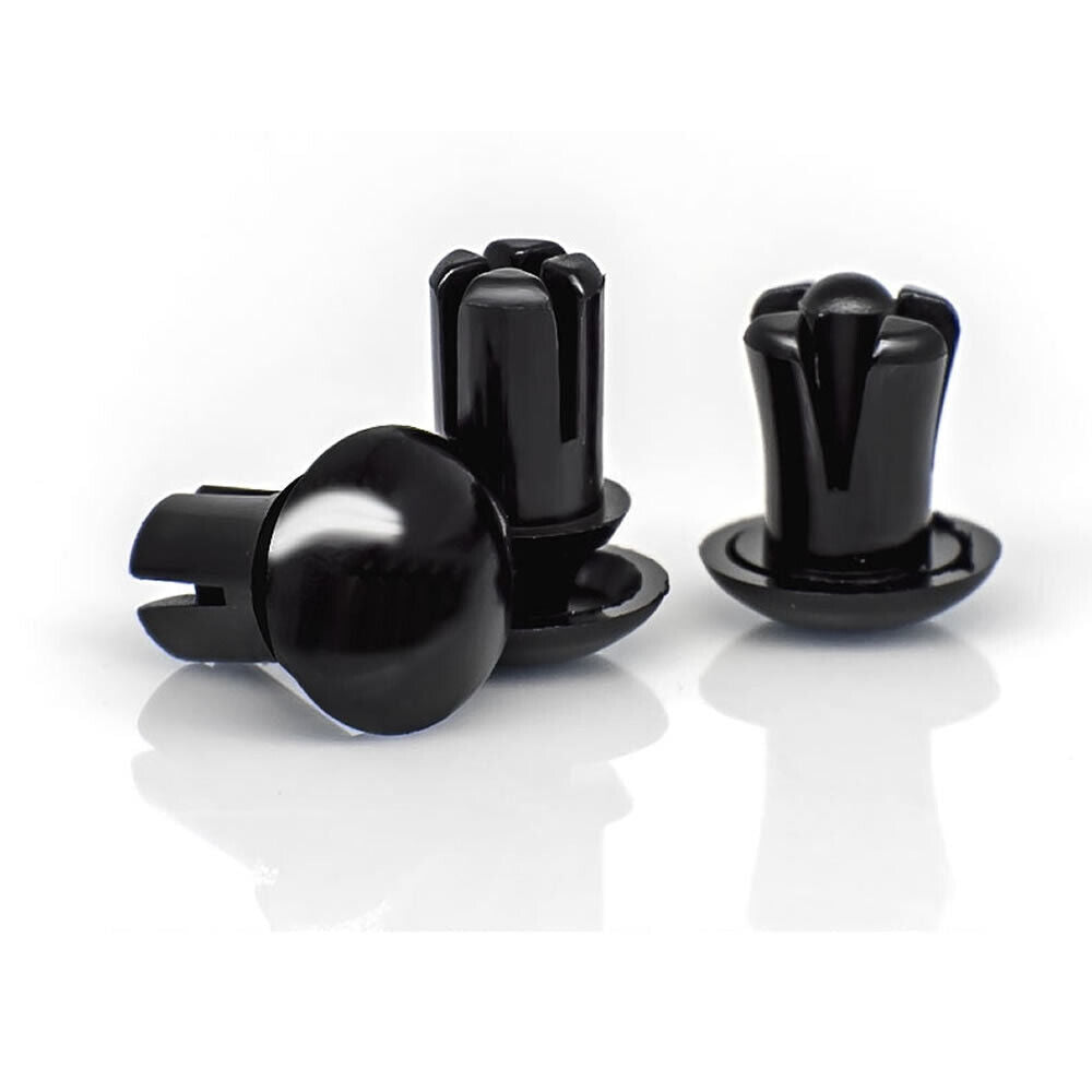 Image of 3 black plastic rivets, designed for securing panel in RAC-J800 series fightstick, Fightbox F series hitbox style leverless controller