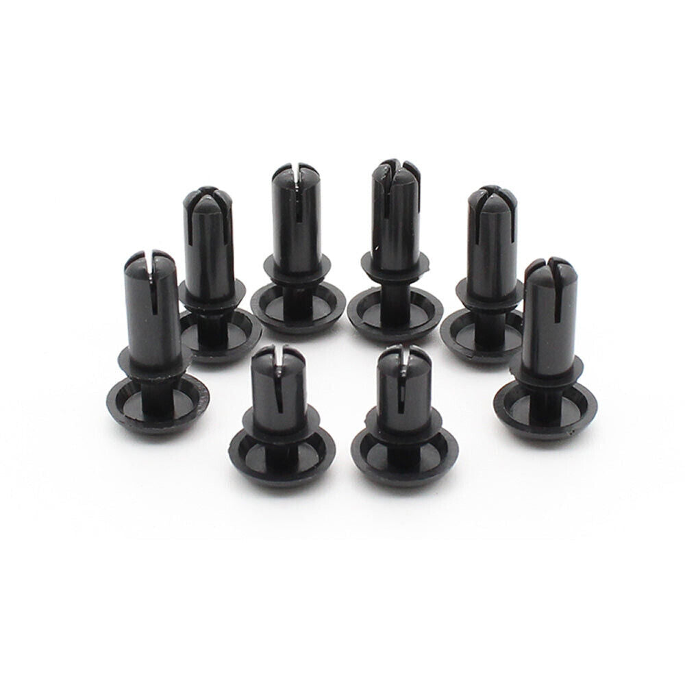 Image of 8 black plastic rivets, designed for securing panel in RAC-J800 series fightstick, Fightbox F series hitbox style leverless controller