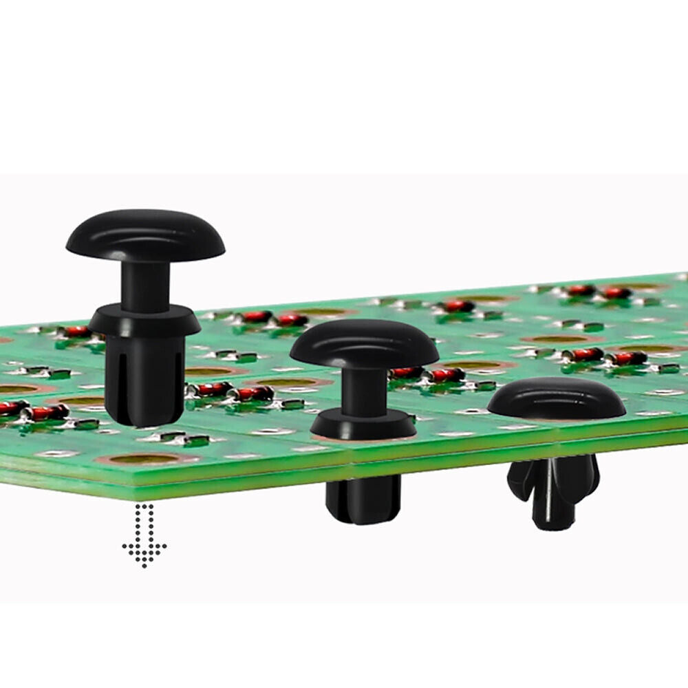 Image of 3 black plastic rivets, designed for securing panel in RAC-J800 series fightstick, Fightbox F series hitbox style leverless controller