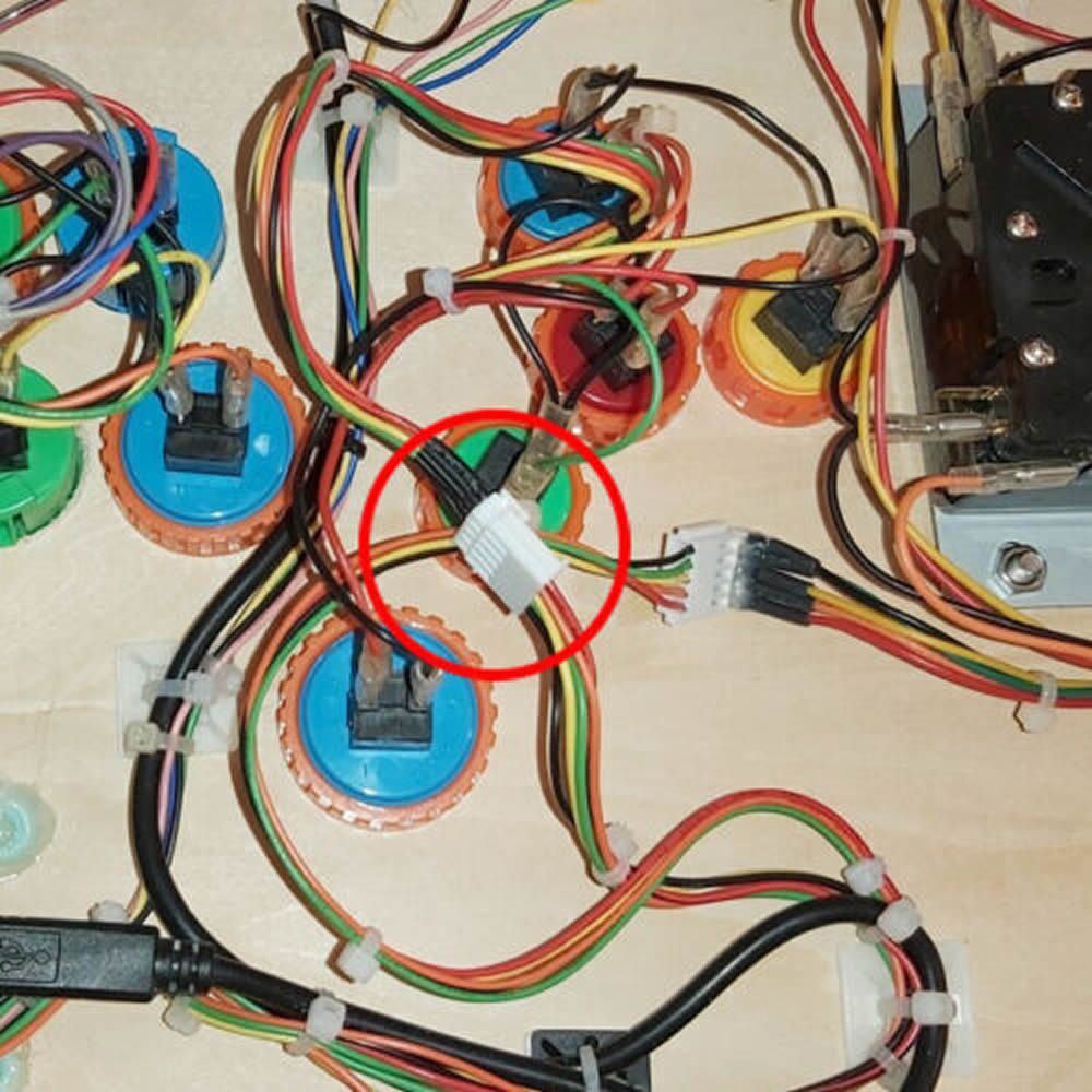 5-Pin to 2.8mm (.110") All Button Leverless Conversion Harness connected to buttons