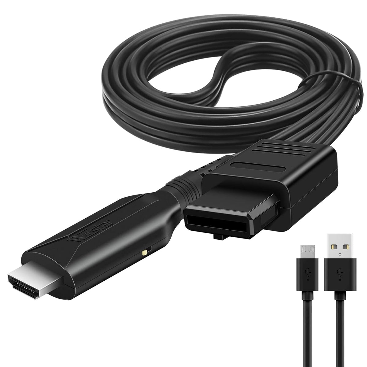 N64 to HDMI cable with USB connector on a white background