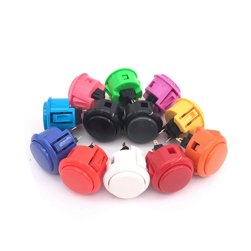 Collection of arcade buttons in various colors and styles, including Sanwa, Seimitsu, and custom options
