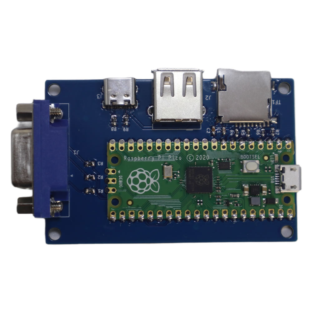 Pico Mac Kit VGA output board and Raspberry Pi Pico microcontroller close up
