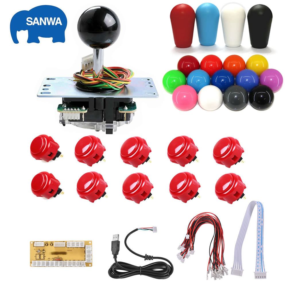 An arcade kit including a Sanwa JLF-TP-8YT joystick, a USB encoder board, multiple red and multi-colored buttons, and cables.
