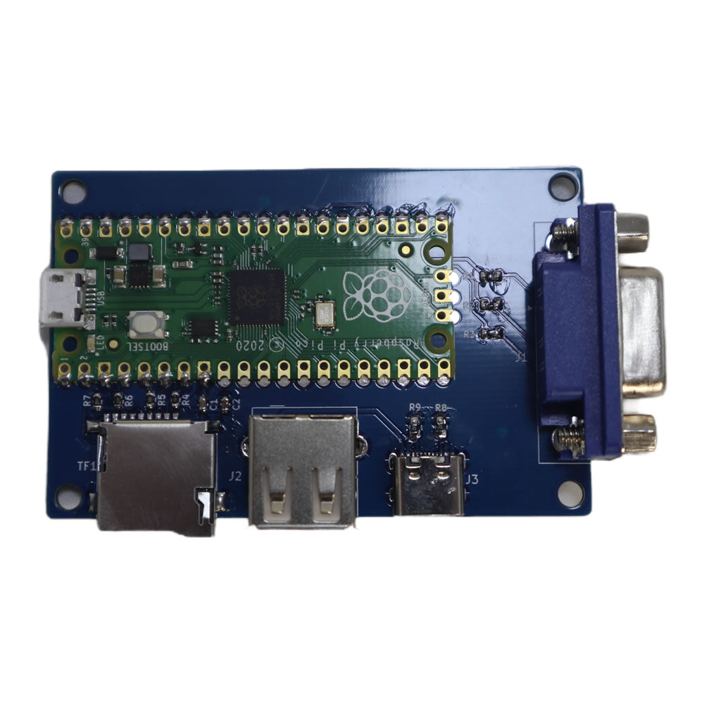 Pico Mac Kit VGA output board and Raspberry Pi Pico microcontroller close up