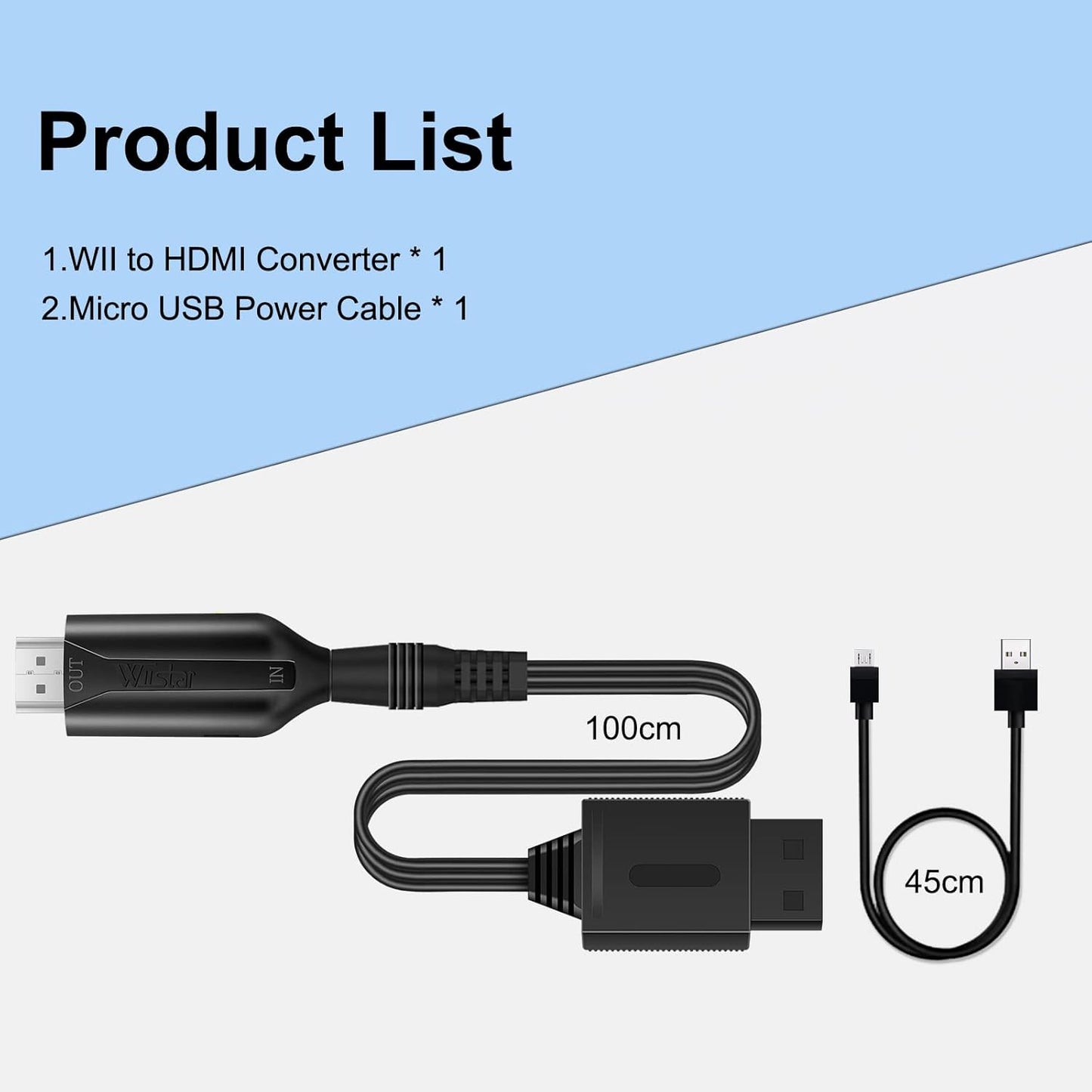 Wii to HDMI Converter Cable (1m/3.2ft) – Full HD 720p/1080p Output, Plug & Play Wii HDMI Adapter, Supports NTSC/PAL Display Modes, Includes Power Cable