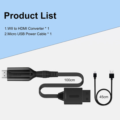 Wii to HDMI Converter Cable (1m/3.2ft) – Full HD 720p/1080p Output, Plug & Play Wii HDMI Adapter, Supports NTSC/PAL Display Modes, Includes Power Cable