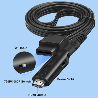 Wii to HDMI Converter Cable (1m/3.2ft) – Full HD 720p/1080p Output, Plug & Play Wii HDMI Adapter, Supports NTSC/PAL Display Modes, Includes Power Cable