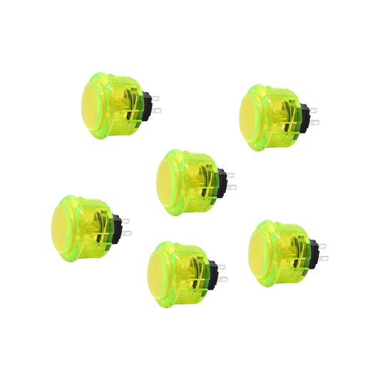 6 Seimitsu PS-14-K 30mm Yellow-Green Transparent Arcade Buttons on white background