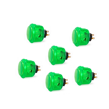 6-Pack Seimitsu PS-14-K 30mm Green Transparent Arcade Button on White Background