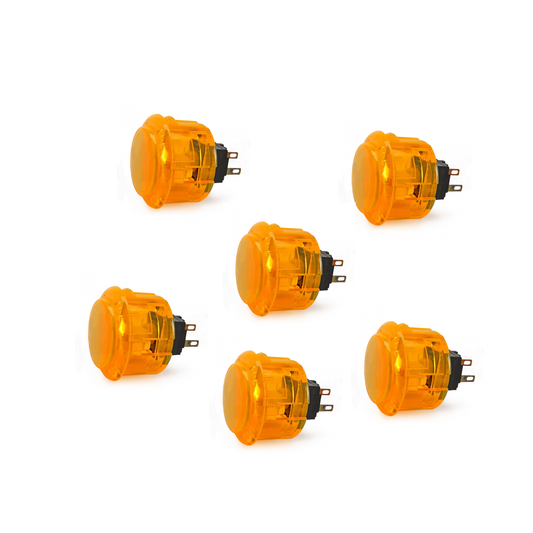 6 Seimitsu PS-14-K 30mm Orange Transparent Arcade Buttons on white background