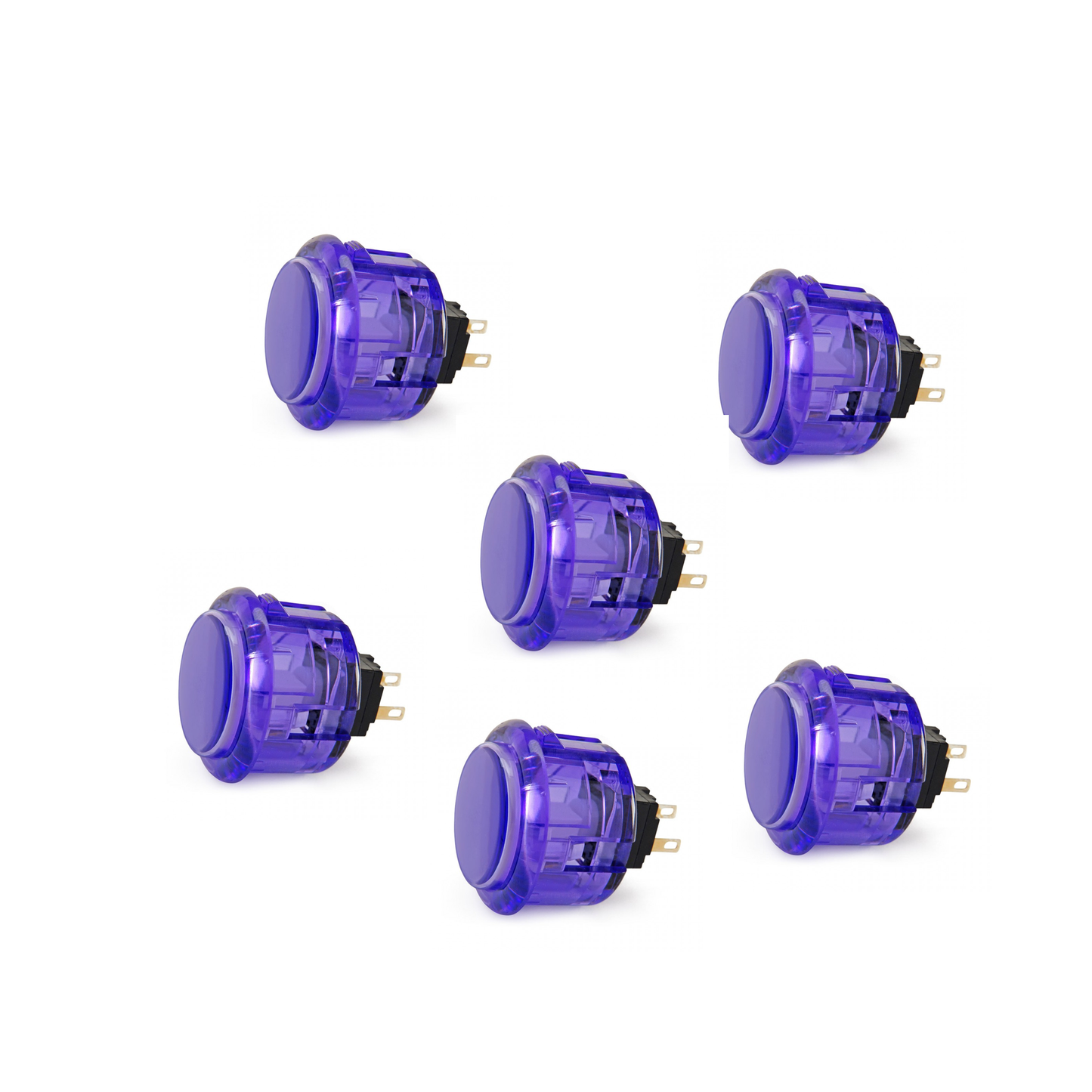 6 Seimitsu PS-14-K 30mm Violet Transparent Arcade Buttons on white background