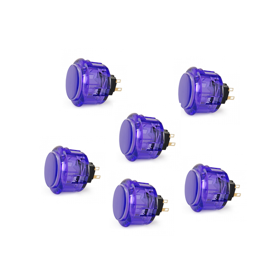 6 Seimitsu PS-14-K 30mm Violet Transparent Arcade Buttons on white background