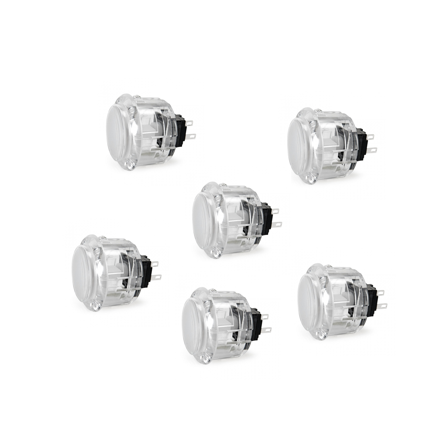 6 Seimitsu PS-14-K 30mm White Transparent Arcade Buttons on white background