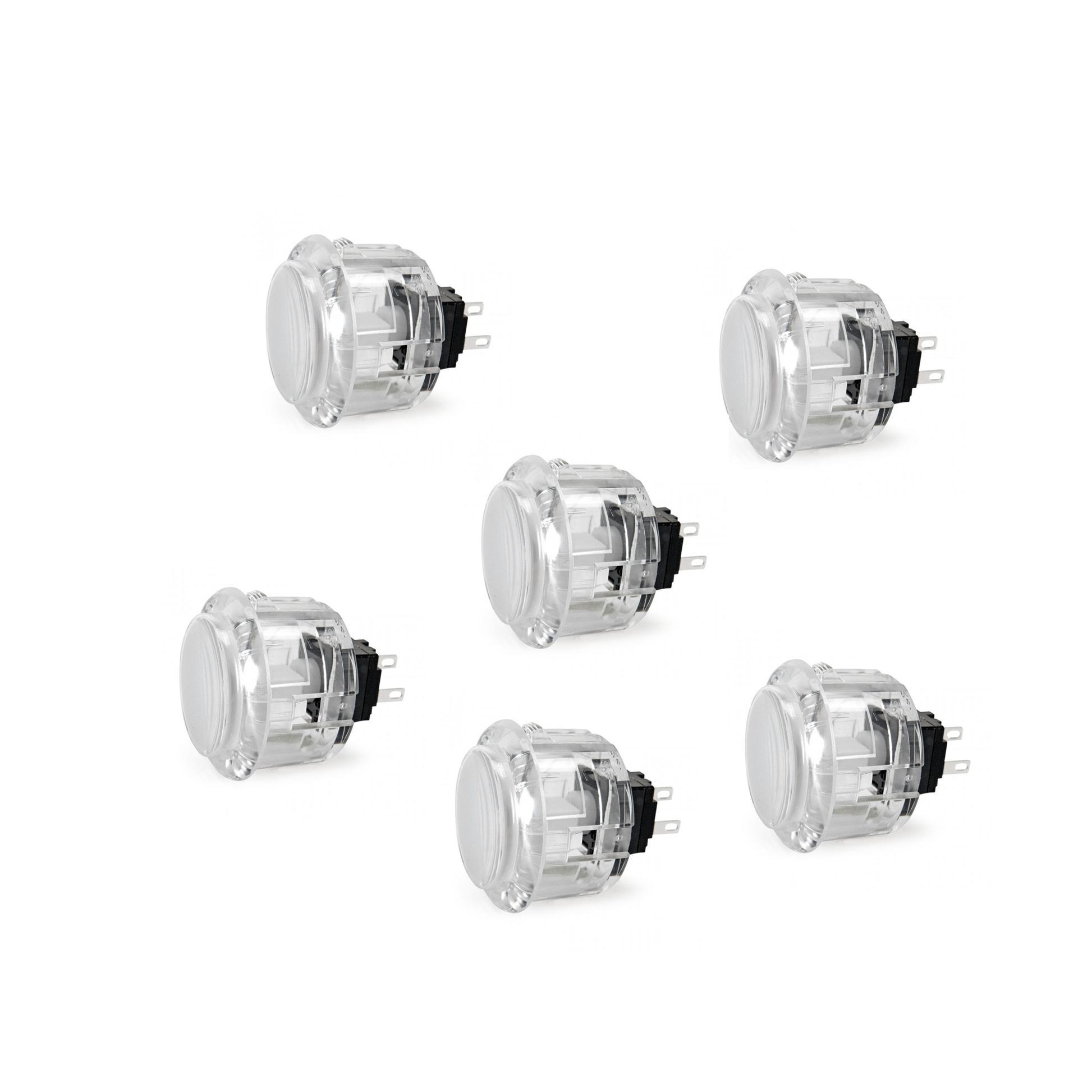 6 Seimitsu PS-14-K 30mm White Transparent Arcade Buttons on white background