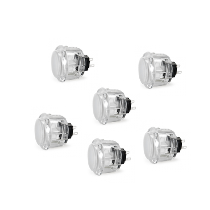 6 Seimitsu PS-14-K 30mm White Transparent Arcade Buttons on white background
