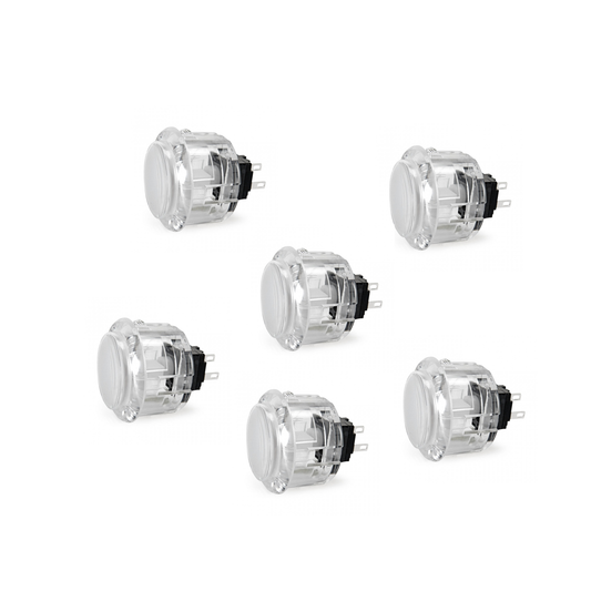 6 Seimitsu PS-14-K 30mm White Transparent Arcade Buttons on white background