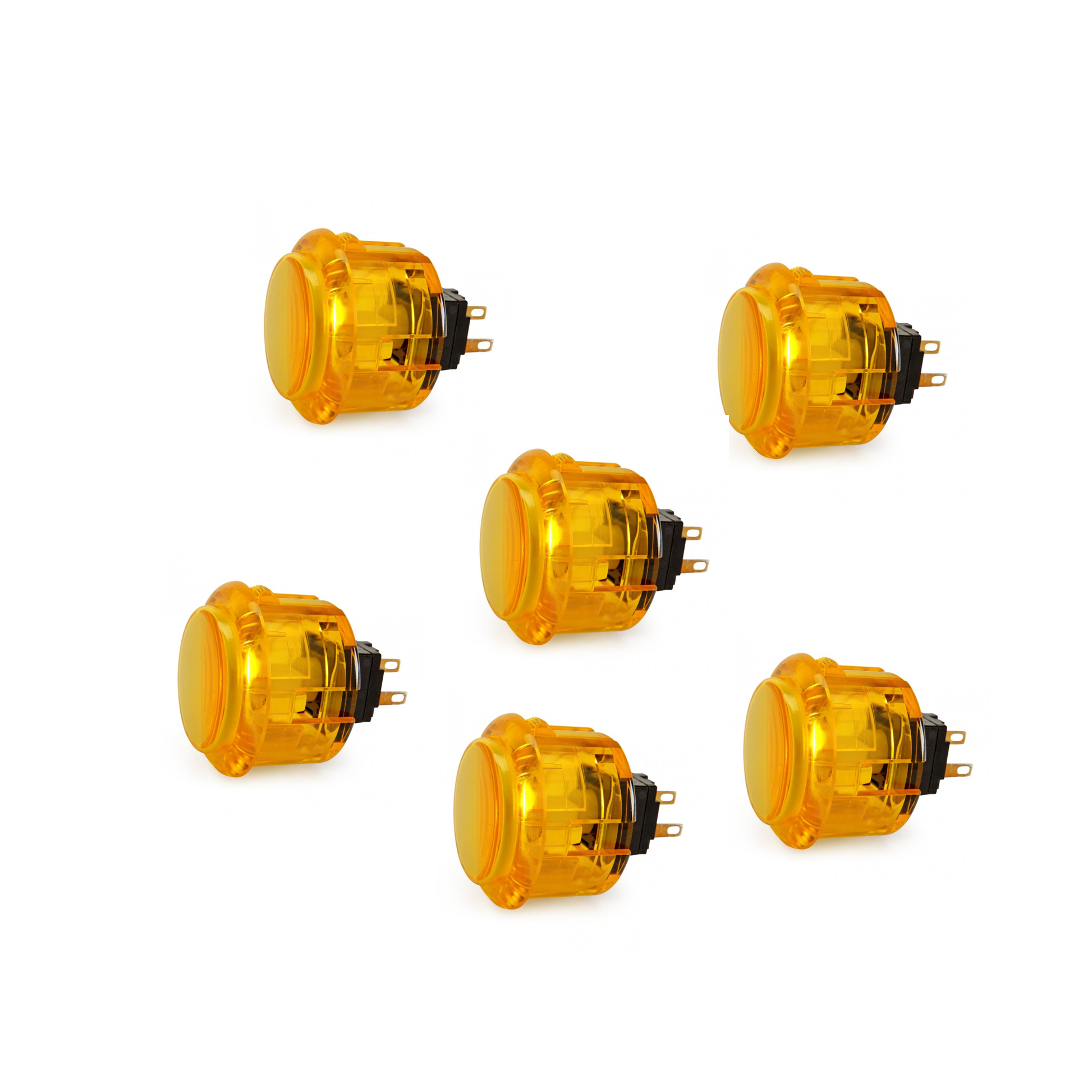 6 Seimitsu PS-14-K 30mm Yellow Transparent Arcade Buttons on white background