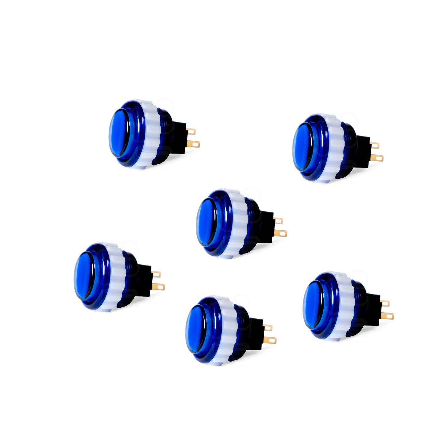 6-Pack Seimitsu PS-14-DN-K 24mm Blue Translucent Screw-In Arcade Button on White Background
