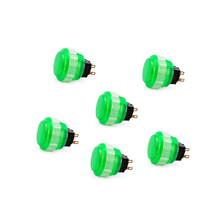 6-Pack Seimitsu PS-14-DN-K 24mm Green Translucent Screw-In Arcade Button on White Background