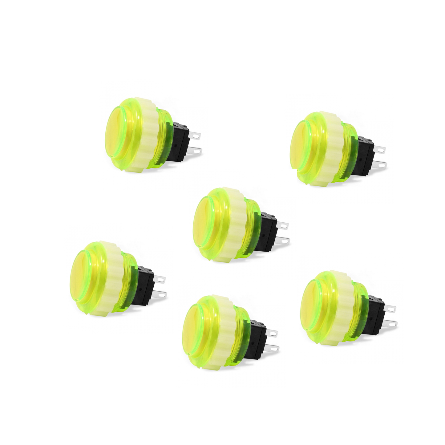 6-Pack Seimitsu PS-14-DN-K 24mm Yellow Green Translucent Screw-In Arcade Button on White Background
