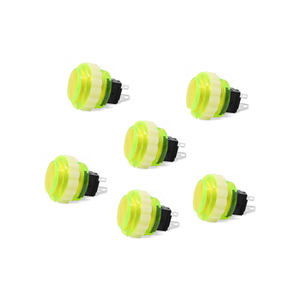 6-Pack Seimitsu PS-14-DN-K 24mm Yellow Green Translucent Screw-In Arcade Button on White Background