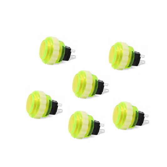 6-Pack Seimitsu PS-14-DN-K 24mm Yellow Green Translucent Screw-In Arcade Button on White Background
