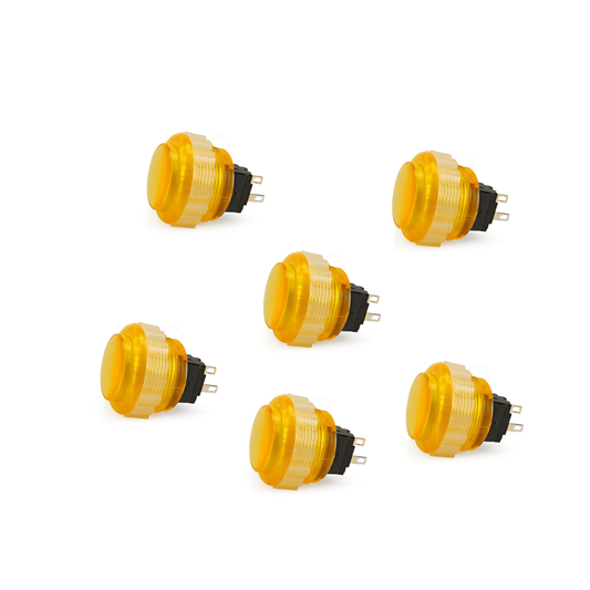 6-Pack Seimitsu PS-14-DN-K 24mm Yellow Translucent Screw-In Arcade Button on White Background