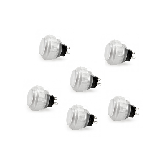 6-Pack Seimitsu PS-14-DN-K 24mm White Translucent Screw-In Arcade Button on White Background
