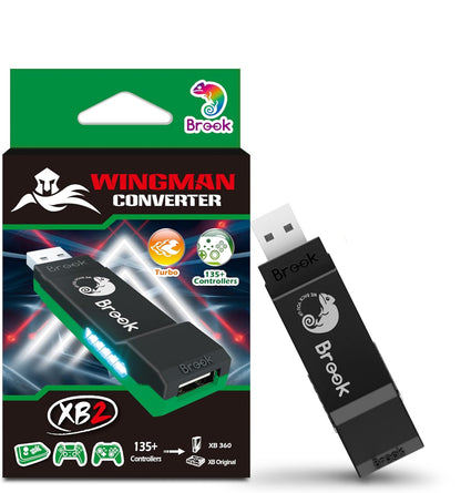 Brook Wingman Converter packaging with a USB device and a keychain featuring a cartoon character.