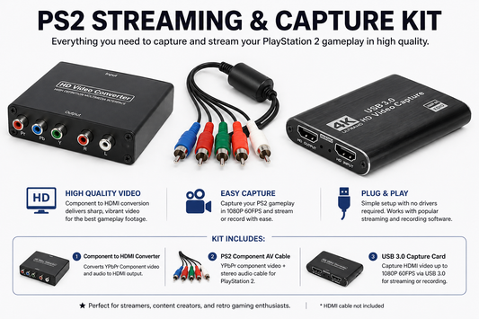 PS2 Streaming Kit – HDMI Converter + USB Capture Card for Gameplay Recording