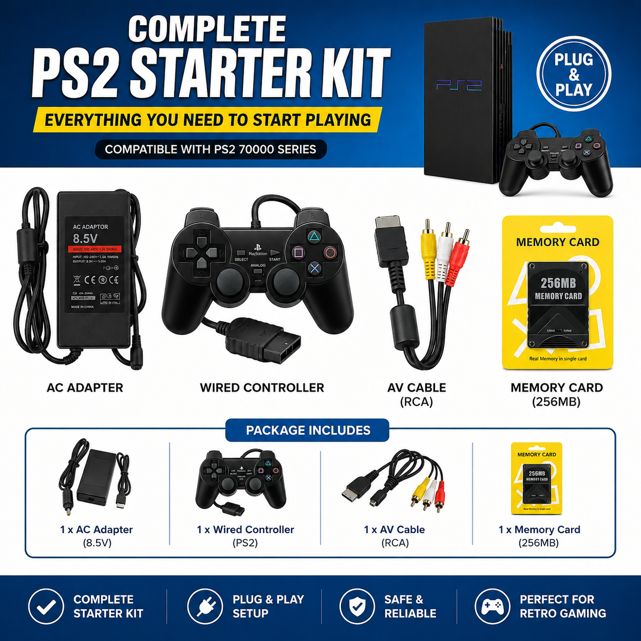 Complete PS2 Starter Kit – Wired Controller, AV Cable, Power Adapter & Memory Card