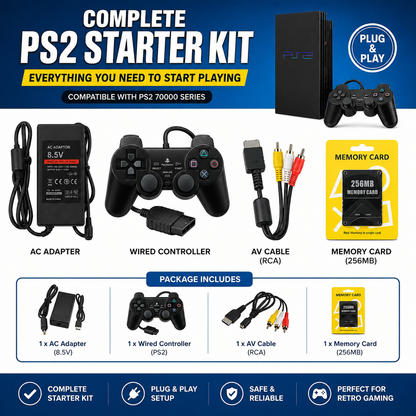 Complete PS2 Starter Kit – Wired Controller, AV Cable, Power Adapter & Memory Card