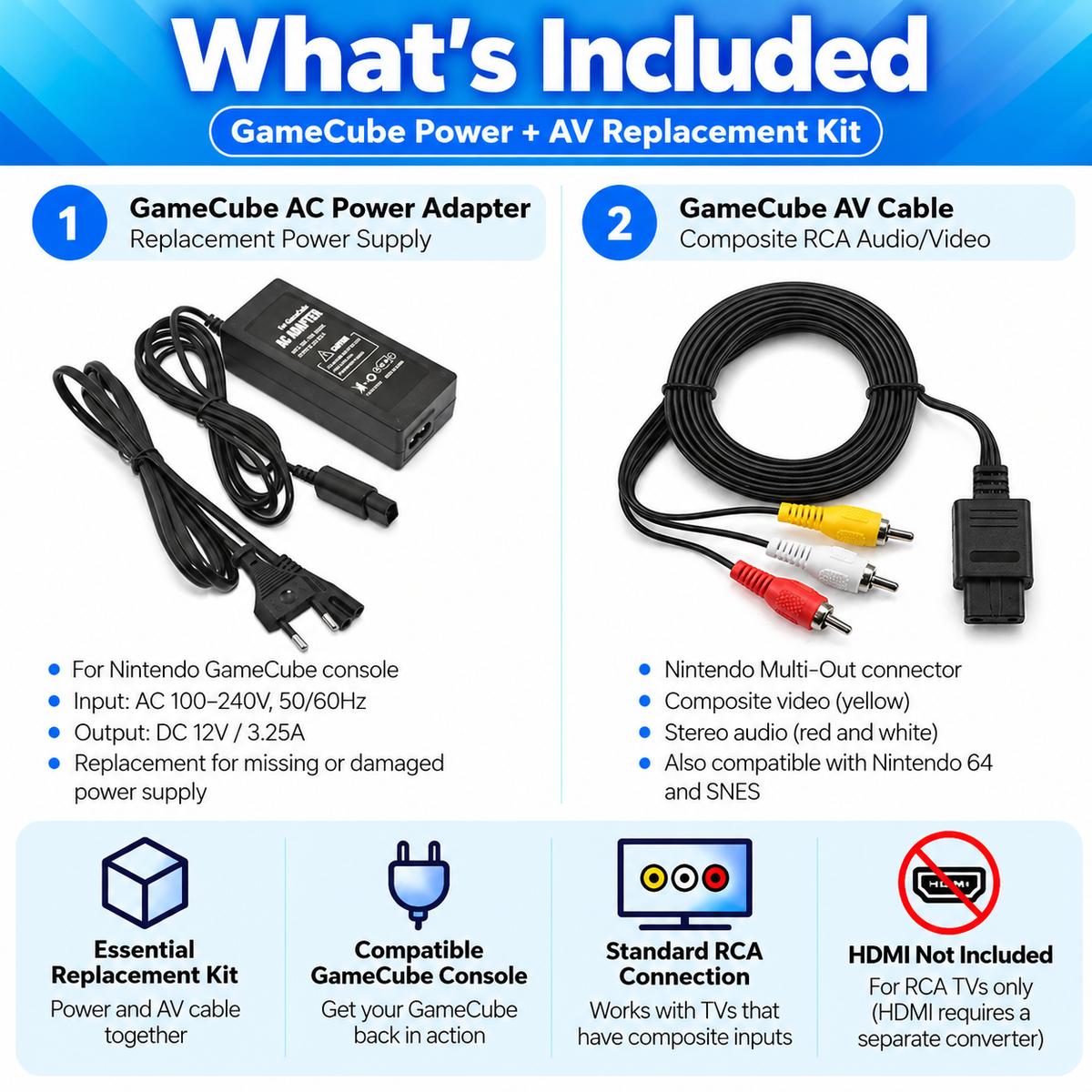 GameCube Power Supply & AV Cable Bundle – Nintendo GC Replacement Kit