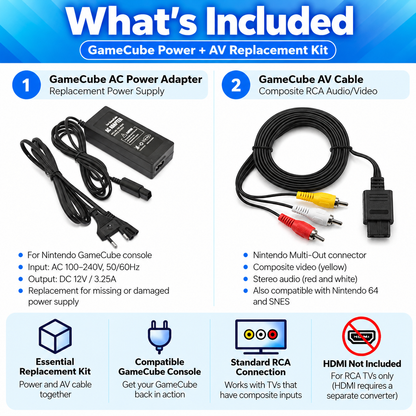 GameCube Power Supply & AV Cable Bundle – Nintendo GC Replacement Kit