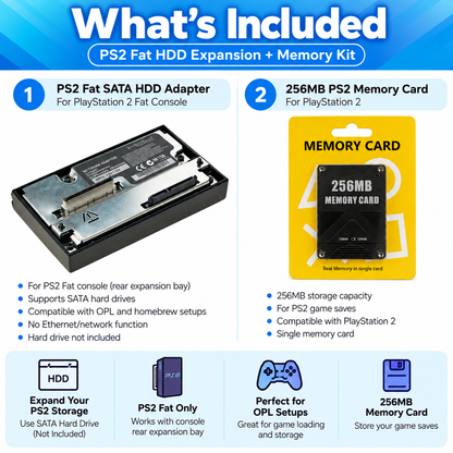 PS2 Fat SATA HDD Adapter + 256MB Memory Card Bundle