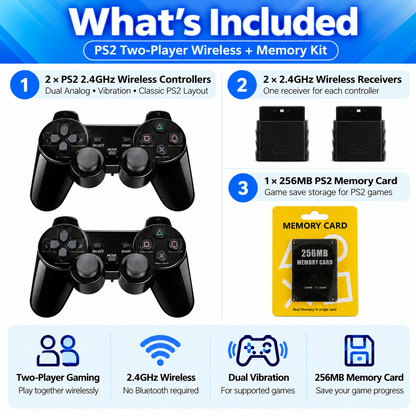 PS2 Wireless Controller 2-Pack + 256MB Memory Card Bundle