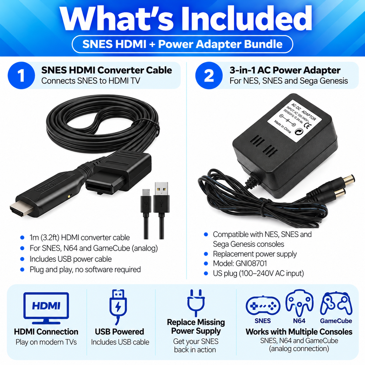 SNES HDMI Converter & Power Adapter Bundle – Super Nintendo