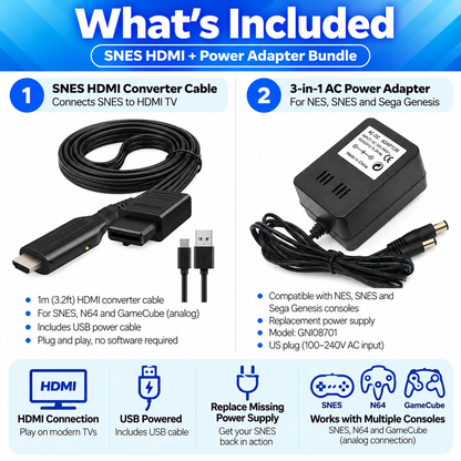SNES HDMI Converter & Power Adapter Bundle – Super Nintendo