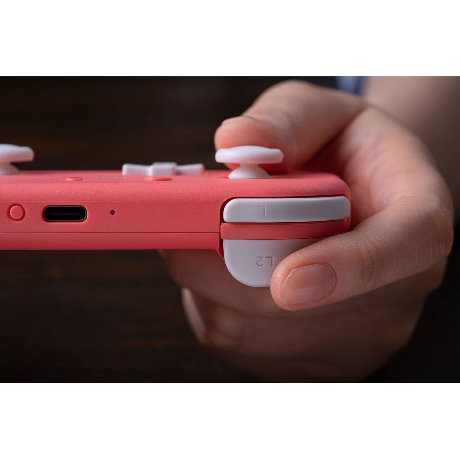 Close-up of user holding 8BitDo Lite 2 pink controller, demonstrating L and L2 shoulder triggers.