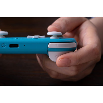 Close-up of user holding 8BitDo Lite 2 controller, demonstrating L and L2 shoulder buttons.