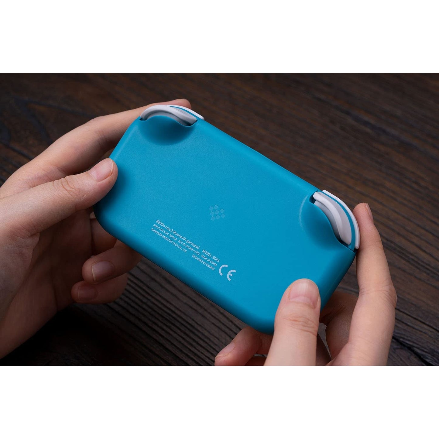 Back view of 8BitDo Lite 2 turquoise controller being held, showing model text and rear design.