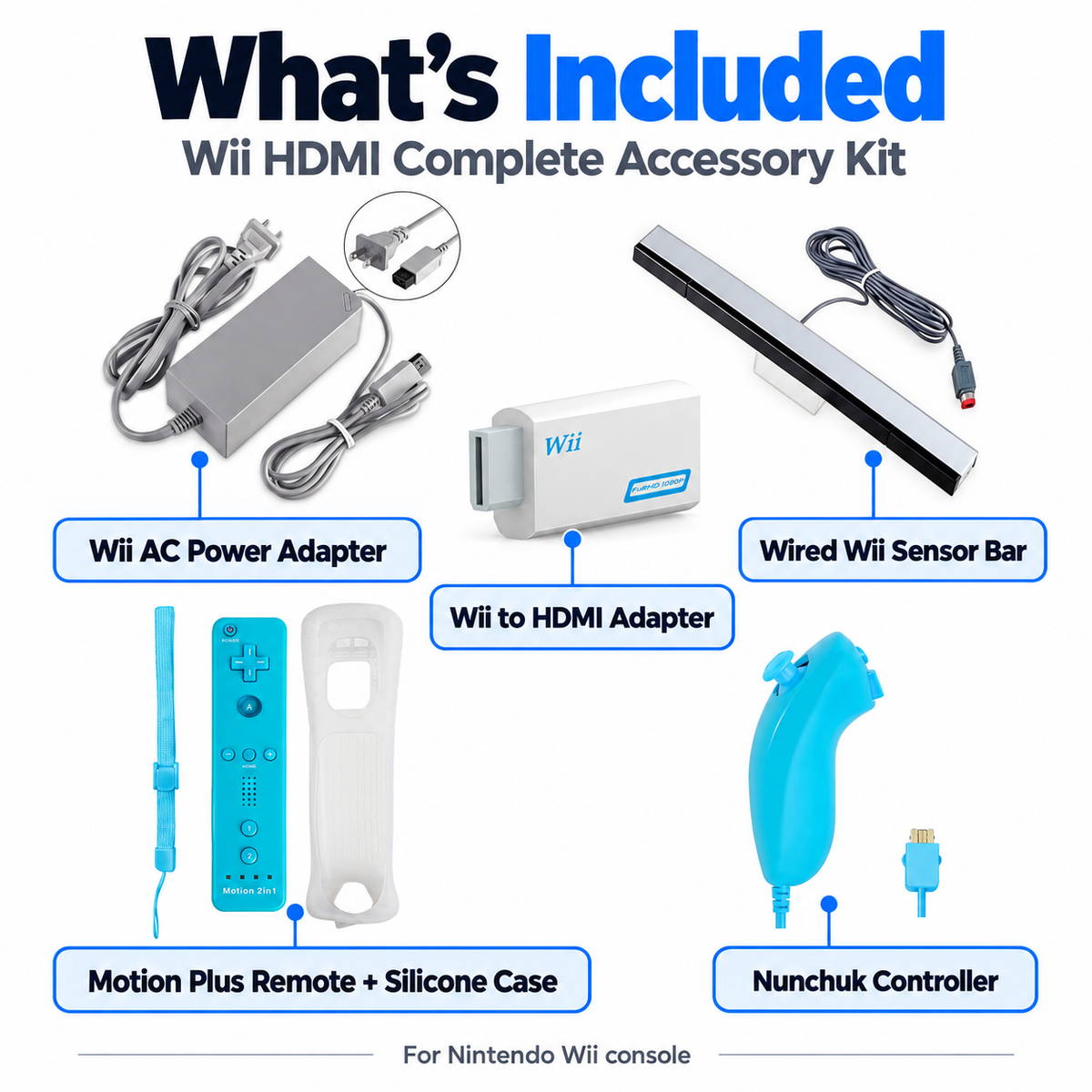 Wii HDMI Complete Accessory Bundle – Motion Plus Remote, Nunchuk, Sensor Bar & Power