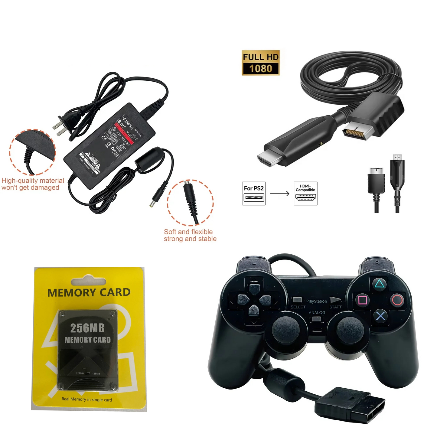 PS2 Wired Controller HDMI Upgrade & Complete Accessory Bundle