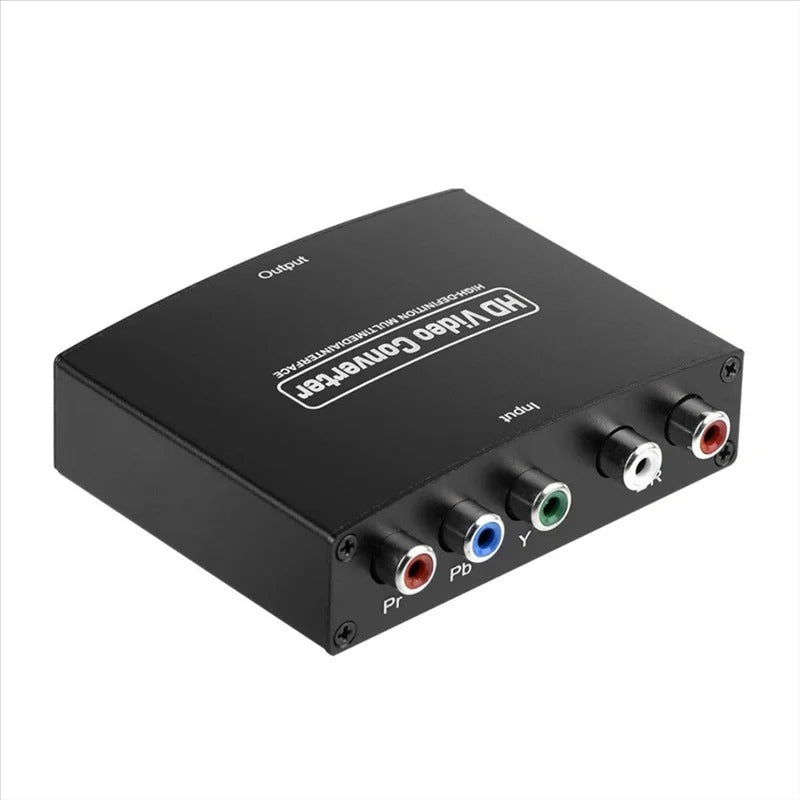 Black HD scaler converter with input and output connectors on a white background