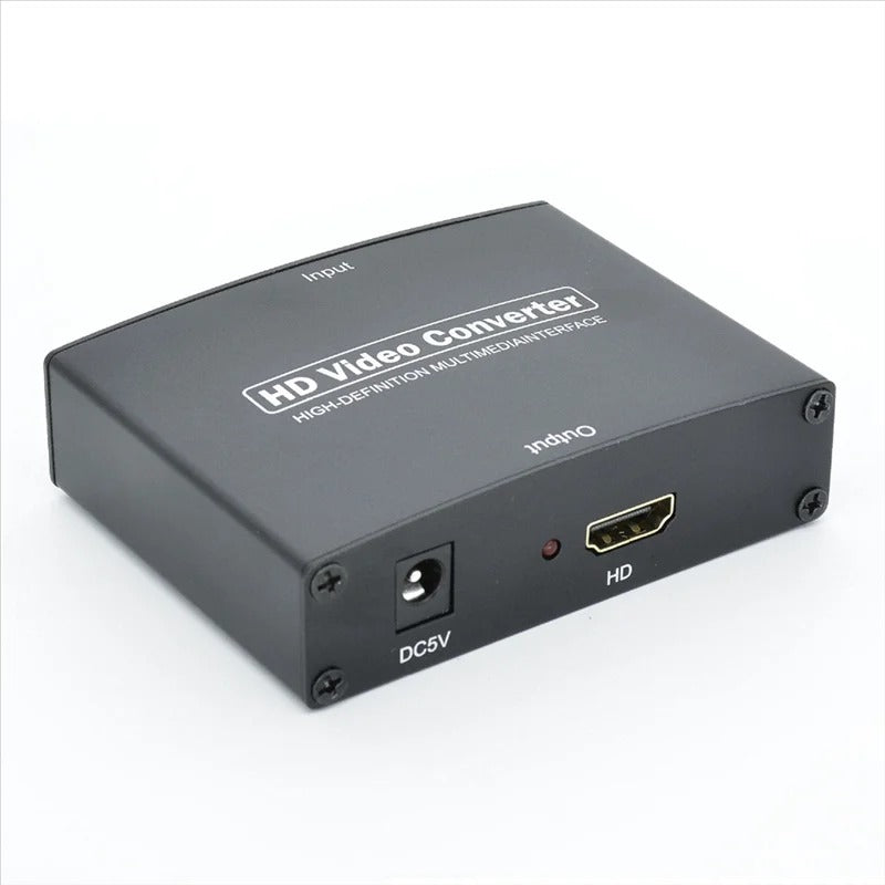 A black HDMI video converter box with DC5V power input and HD output ports, shown on a plain white background.