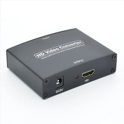 A black HDMI video converter box with DC5V power input and HD output ports, shown on a plain white background.