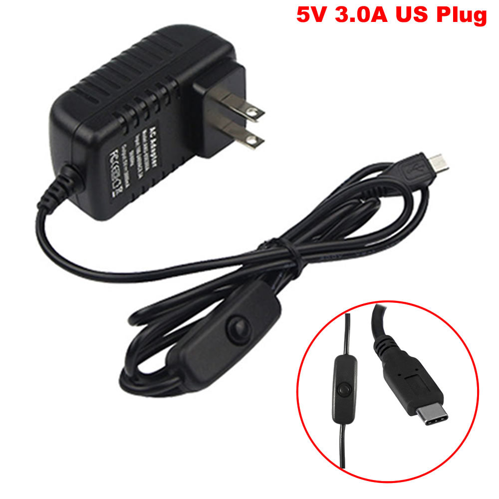 Raspberry Pi 4 Power Supply Adapter ON/OFF Switch USB-C 5V 3.0A US Plug RetroArcadeCrafts